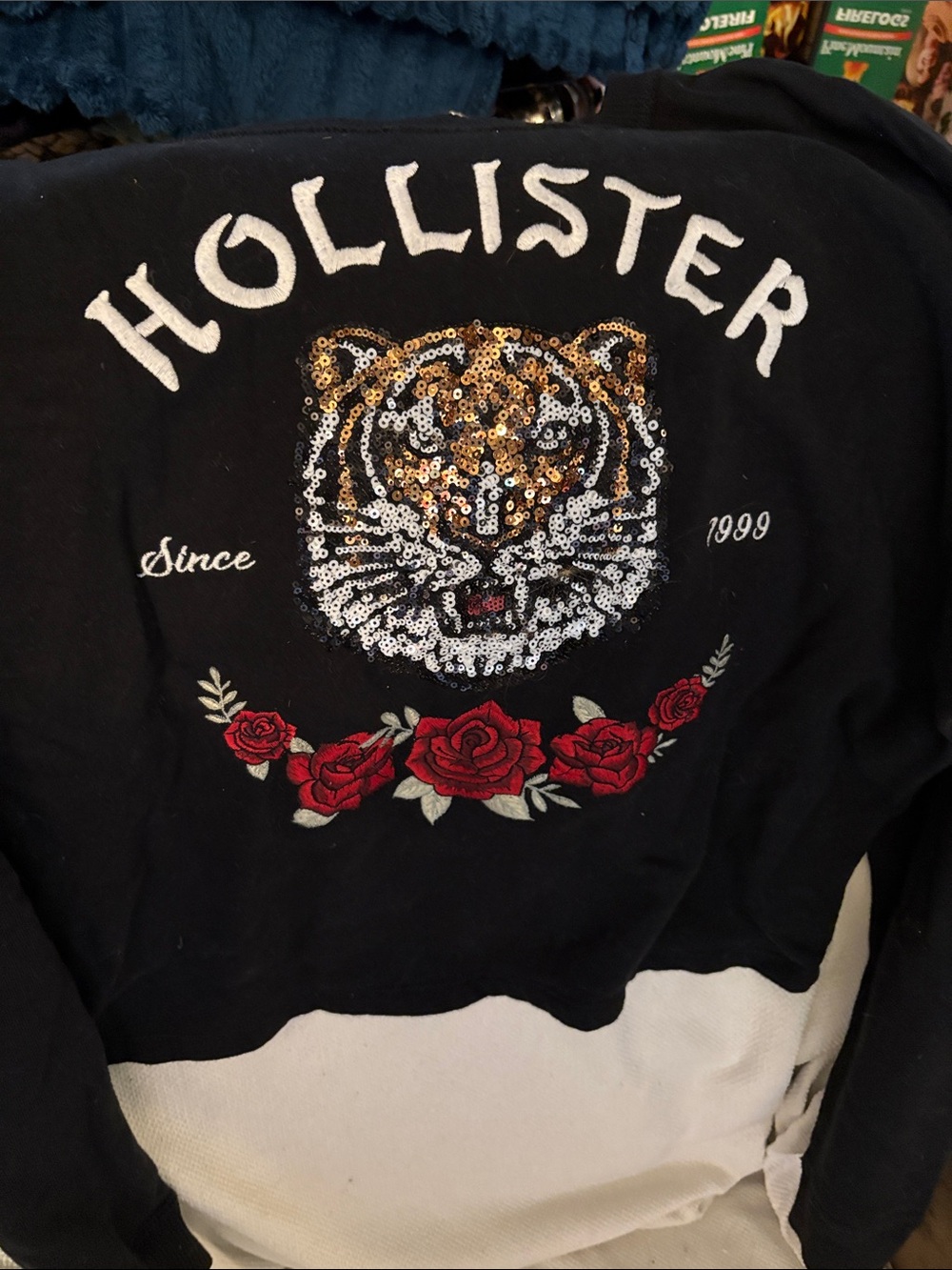 Hollister Black Bomber Jacket with Sequin Tiger and Red Rose Embroidery